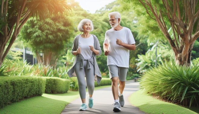 An elderly couple, dressed in comfortable exercise attire, briskly walk together along a scenic path with lush greenery around them.