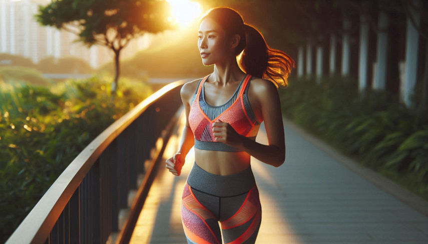 A woman jogs along a sunlit path, wearing a bright athletic outfit, with determination visible on her face.