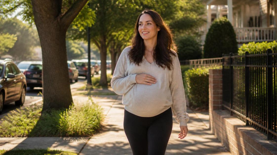 Pregnant woman smiling while walking outdoors, hand resting on her belly gently.